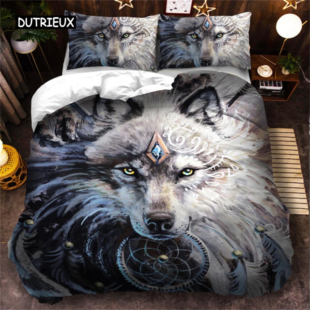 3D Wolf Bedding Collection Black White Dreamcatcher Tribal Nationality Style Duvet Cover For Teens Adults Women Men Bedroom Decoration