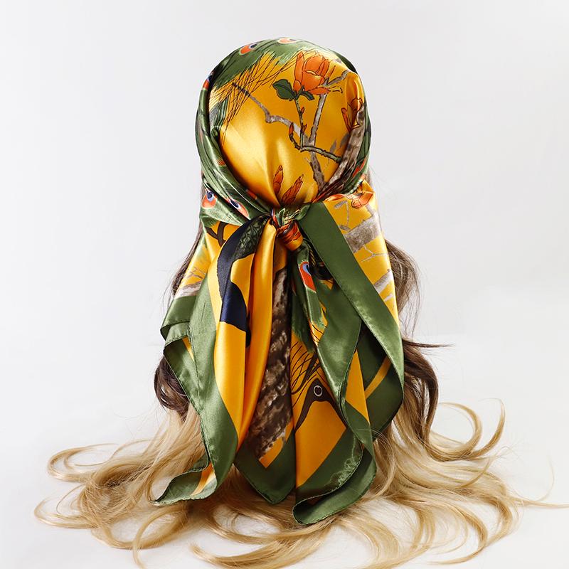 Satin Square Scarf Women Muslim Hijab Elegant Print Silk Neckerchief Shawl Wraps Headband Handle Hair Accessories Bandana