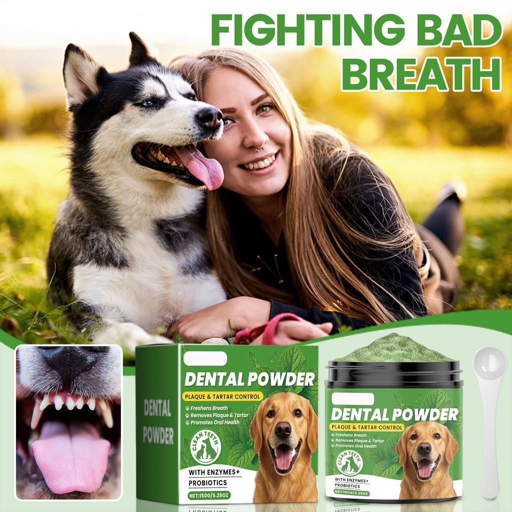 Порошок для чистки зубов питомца улучшает состояние зубного камня, желтизну зубов и освежает дыхание
