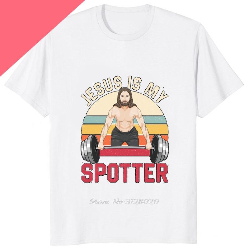Funny Jesus Is My Spotter Printed Graphic Cotton Men Tshirt Humor Weight Lifting GYM TShirt Casual Fashion Streetwear Male Tees
