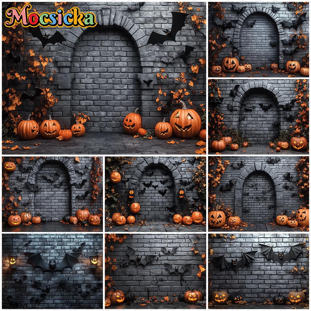 Mocsicka Хэллоуин Фотофон Серый Кирпичный Стена Летучие Мыши Украшения Осенняя Тыквенная Вечеринка Фото Фоны Студийные Обои