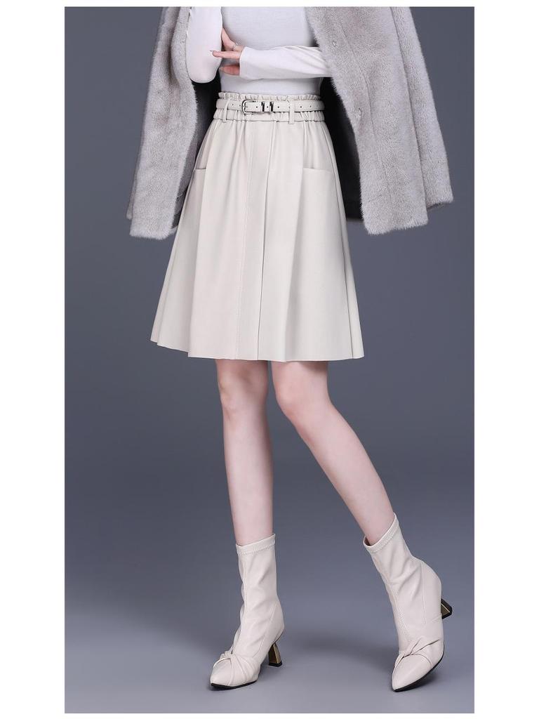 High-Waisted A-Line Leather Skirt for Women, Autumn/Winter, Pleated Lambskin Midi Skirt, Age-Defying & Classic Design