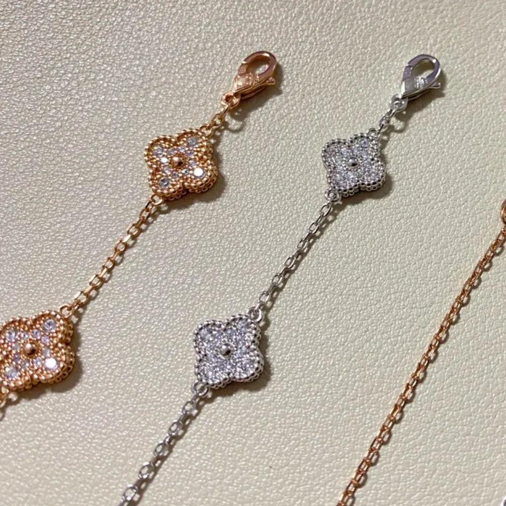 Women Jewelry Set Mini Clover Bracelet Full Diamond Earrings Champagne Gold Necklace Ring