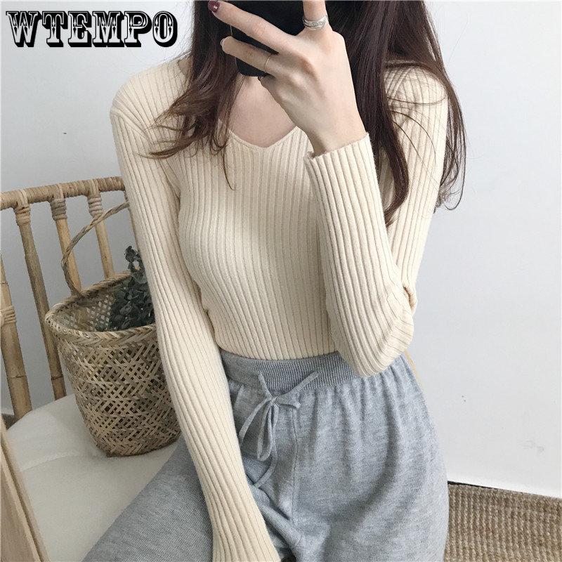 WTEMPO Женские осенние повседневные свитера с V-образным вырезом, весенние женские однотонные длинные рукава, тонкие трикотажные пуловеры, трикотаж
