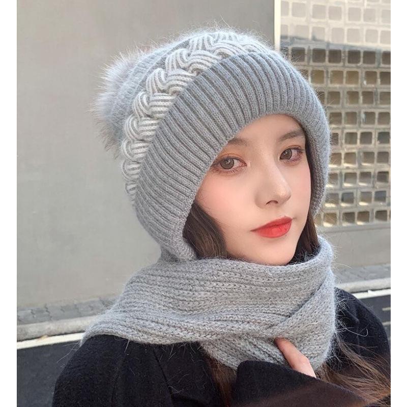 Hat Female Autumn and Winter Warm Knitted Wool Snow Hat Cycling Mother Fashion Ear Protection Headgear Scarf Integrated Hat
