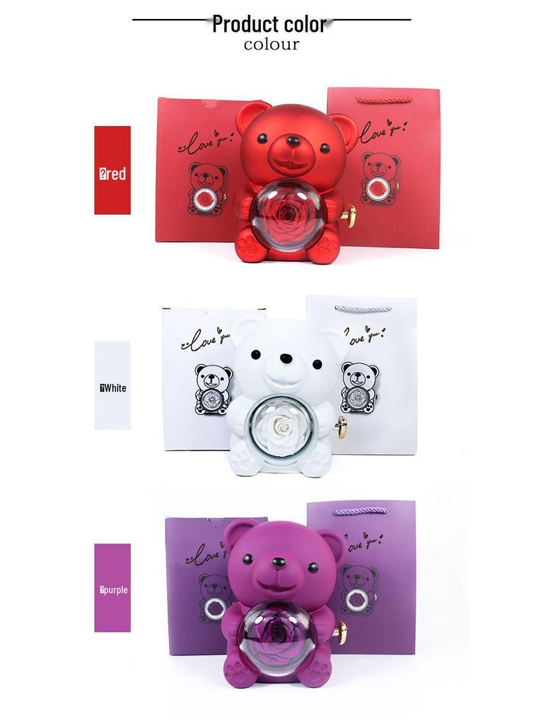 Высококачественная вращающаяся шкатулка для украшений в виде медведя с неувядающими цветами - Идеальный подарок на День святого Валентина