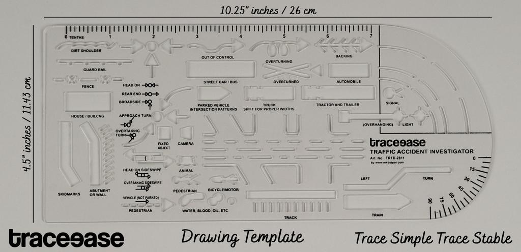 Traceease Шаблон для следователя по дорожно-транспортным происшествиям 10,25 x 4,5 дюйма, символы знаков дорожно-транспортных происшествий, пластиковая измерительная линейка — 1 толщина 16 дюймов