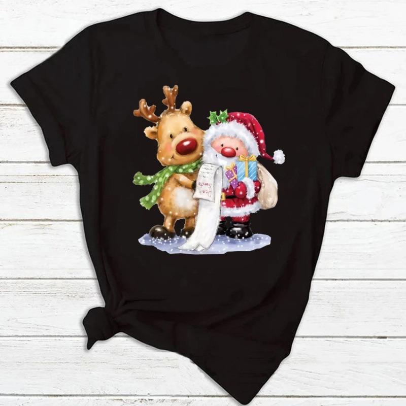 Christmas Theme Cartoon Graphic T Shirt Unisex Women Unisex Streetwear Cute Santa Claus Reindeer Print Casual Short Sleeve