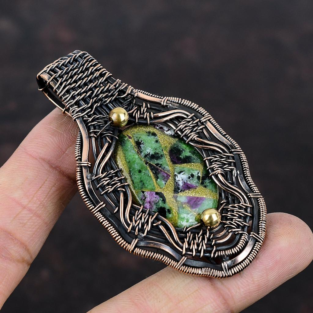 Медный рубиновый кулон с цоизитом, обернутый медной проволокой, кулон из меди ручной работы, чудесный драгоценный камень, кулон с рубиновым цоизитом, подарок для мамы