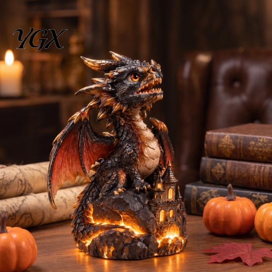 Garden Decoration Light Up Dragon Figurine, Resin Gothic Castle Statue, Decorative Office Desk Ornament Fantasy Creature for Home, Table, Decor