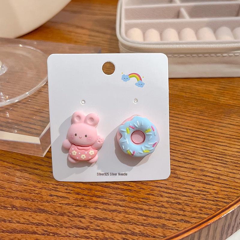 Японские серьги в виде кролика, медведя и клубники в пастельных тонах с серебряными штифтами