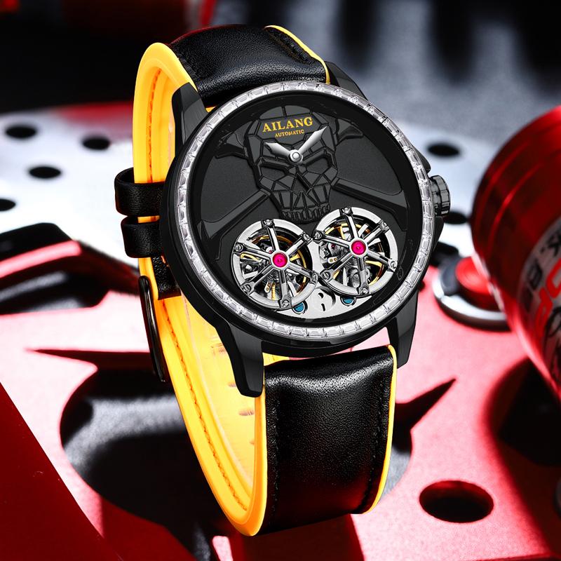 AILANG Luxury Top Brand Skeleton Design Men's Automatic Watch Waterproof Dual Tourbillon Wristwatch Mechanical Skeleton Watch