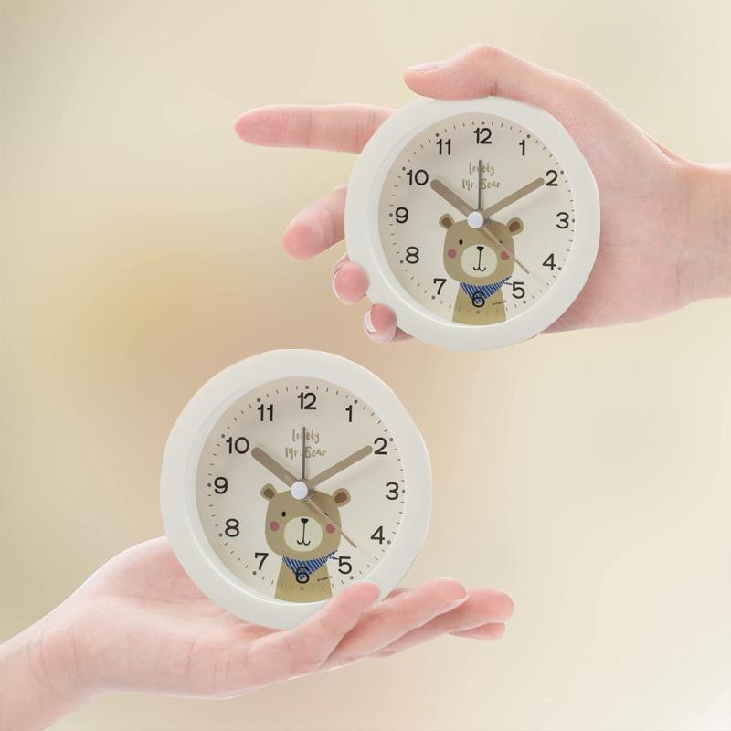 Детский круглый будильник с милыми мультяшными животными, портативный прикроватный ультра-тихий мягкий теплый свет