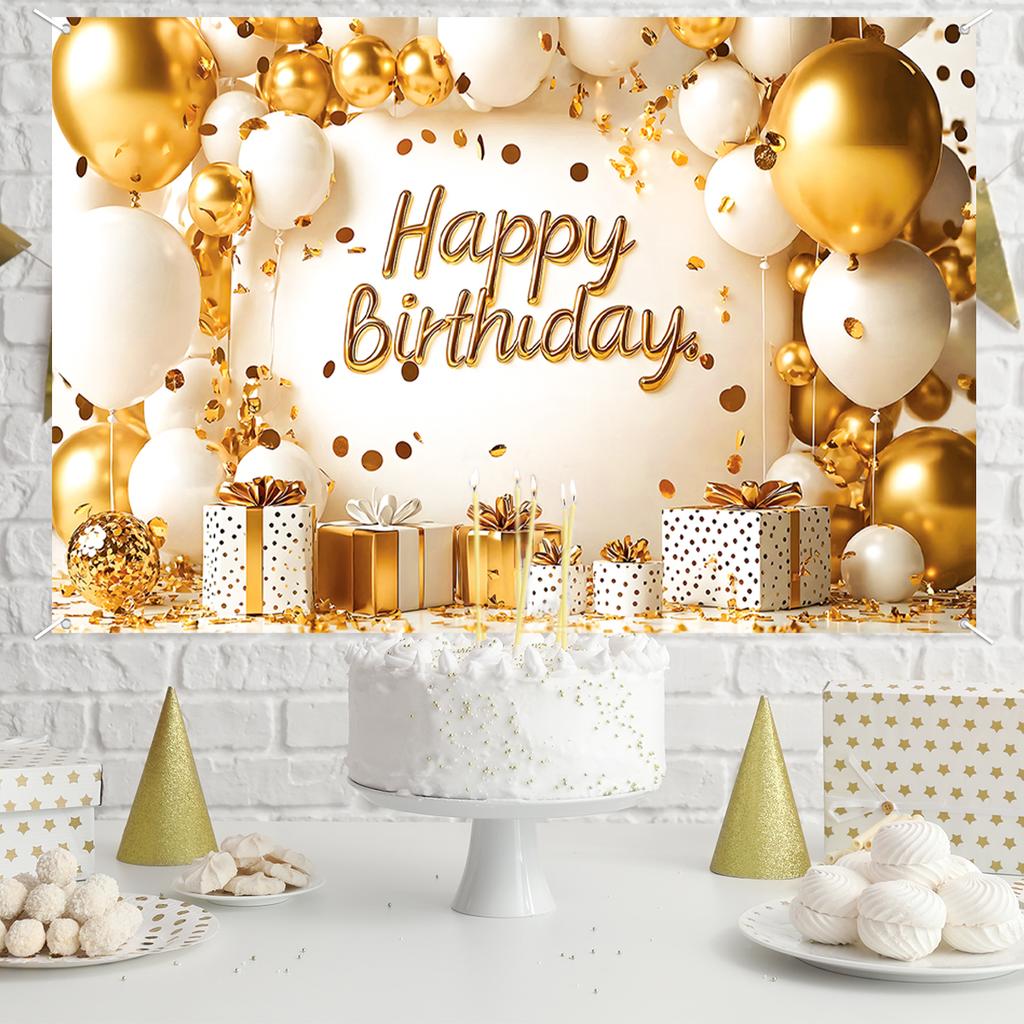 1pcs White and Gold Background Happy Birthday Party Decorations for Home Backdrop Banner 18th 30th 40th Birthday Party Supplies