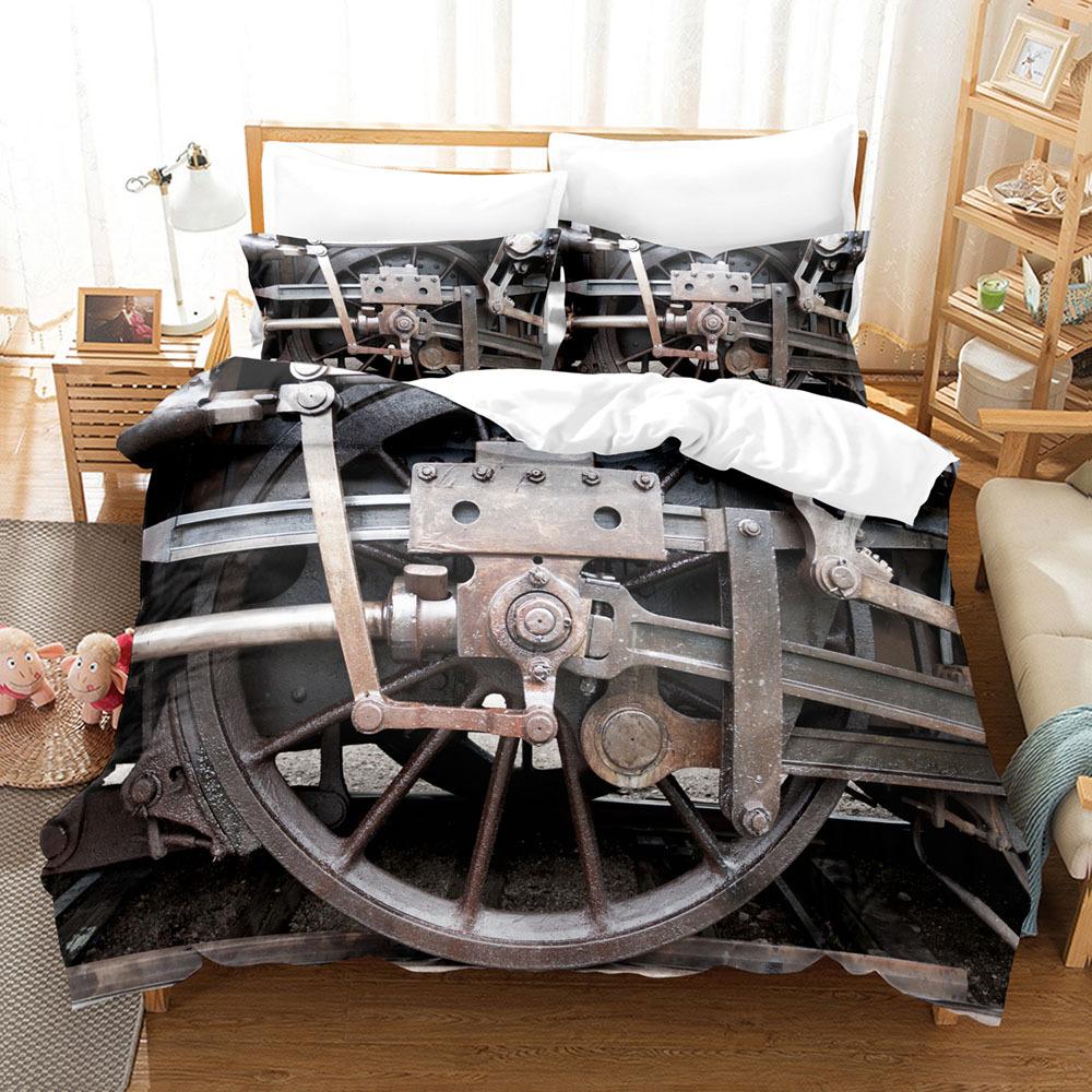 Steam Engine Duvet Cover Set Transportation Old Train King Queen Full Size Polyester Bedding Set For Teen Boys Adult Living Room