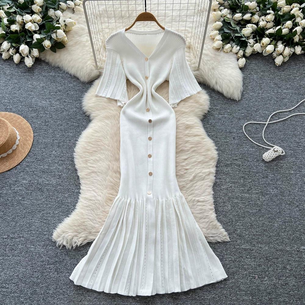 Летние женские элегантные платья-свитера облегающего кроя с V-образным вырезом и застежкой на одну пуговицу, длинные макси с юбкой «рыбий хвост»