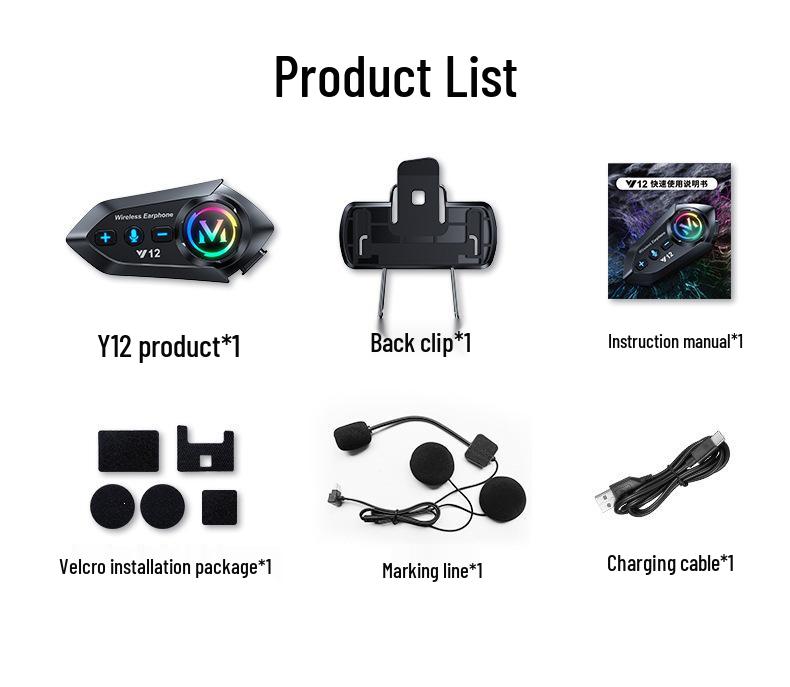 Bluetooth-гарнитура для мотоциклетного шлема Y12 с шумоподавлением, долгим временем работы, для полнолицевых и полулицевых шлемов.