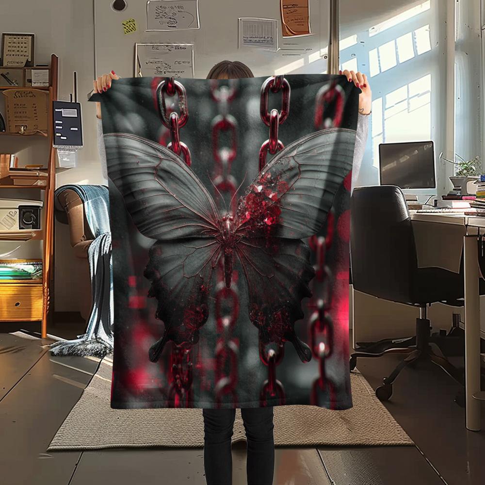 Iron Chain Butterfly Print Flannel Blanket, High quality Comfortable for All Seasons, Home Decor, Warmth and Comfort