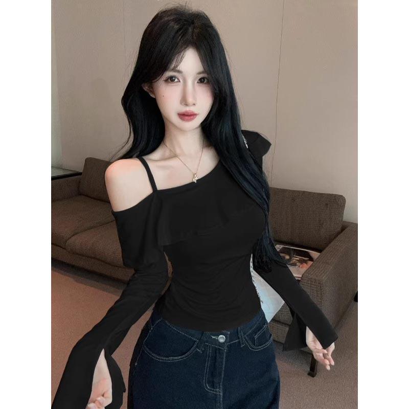 Осенняя сладкая и пряная корейская асимметричная майка-футболка с рюшами: Женский стройнящий универсальный топ с длинным рукавом