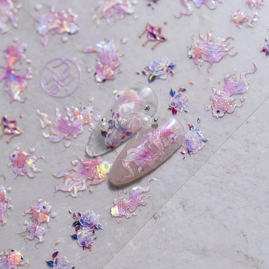 1Pcs Embossed Glitter Fish Nail Art Stickers Pink Yellow Red Self-adhesive Transfer Nail Decorations Slider Decals DIY
