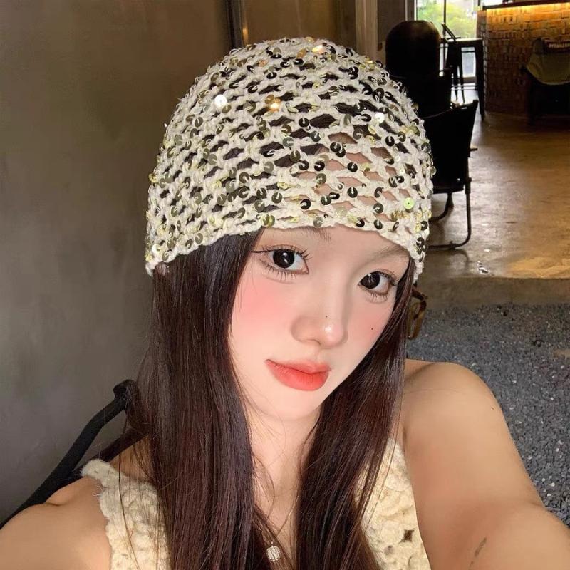 Vintage Sequined Hollow Pullover Hats Women Summer Autumn Travel Photo Atmosphere Versatile Casual Y2K Knit Beanie Hat