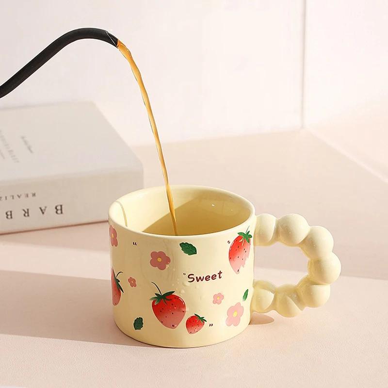 330ML Japanese Style Ceramic Coffee Cup Cute Fruit Pattern Milk Tea Cup Water Mug with Anti-slip Handle Coffee Cup Birthday Gift
