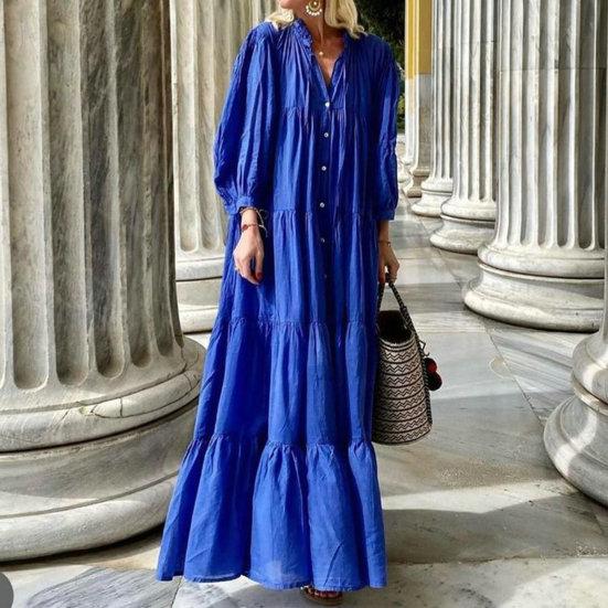 Женское платье макси с воротником-стойкой и V-образным вырезом Свободные заплатки Сплошной цвет с V-образным вырезом Половинное однобортное платье полной длины с длинным рукавом Леди Весенне-осеннее платье