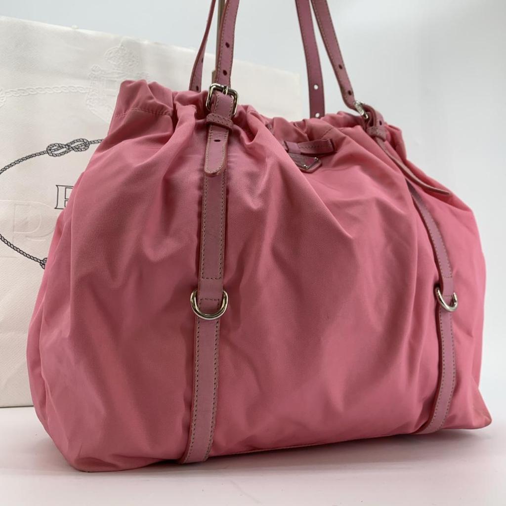 PRADA Pocono Tessuto Nylon Ribbon Hand Tote Bag One Shoulder Strap Leather Pink Silver Hardware Triangle Logo Plate