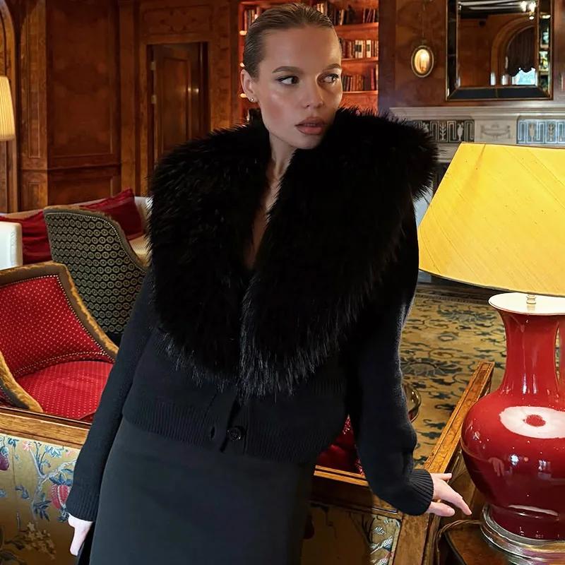 Женский черный свитер с меховым воротником, элегантный вязаный свитер с длинными рукавами, облегающий свитер, винтажный кардиган в стиле стритвеар.