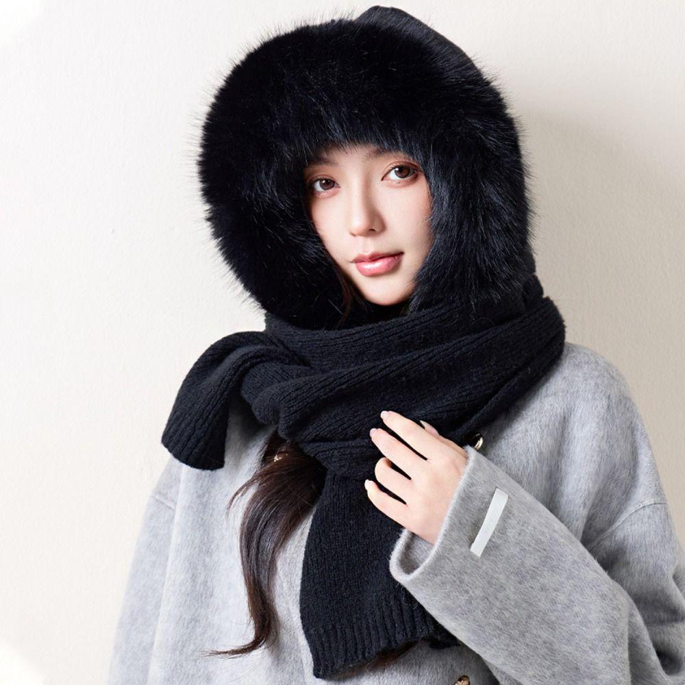Wool Blend Knitted Hooded Scarf Plush Hooded Cap Cute Earflap Hat Outdoor