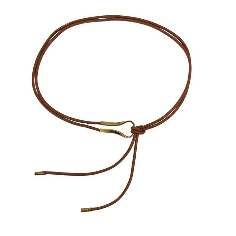 Brown Thin Leather Waist Belt Vintage Smooth Gold Buckle Adjustable for Female Cocktail Party Wear