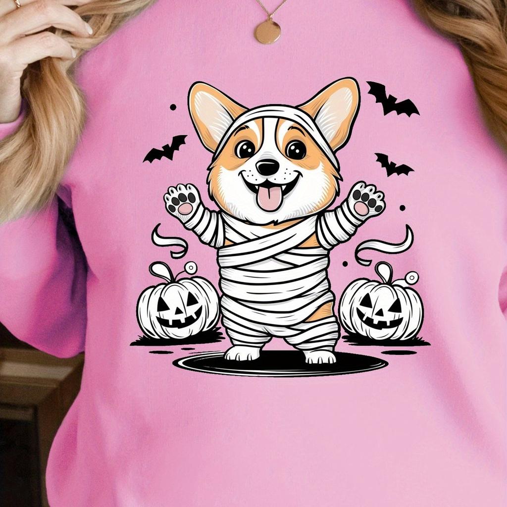 Corgi Mummy Costume Printed Pullover, Casual Long-sleeved Crew Neck Sweatshirt, Suitable for Spring and Autumn, Women's Clothing