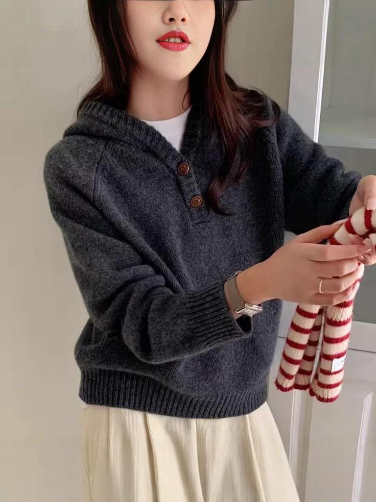 Women's 100% Wool Hoodie Sweater - Autumn/Winter Thick, Loose, Casual Knit Jacket