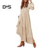 Women's Casual Maxi Dress V-Neck Loose A-Line Pleated Dress Long Sleeve Retro Cotton Linen Dress for Work Street Vacation