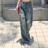 American Retro Ripped Slim-Fit Jeans - Women's Hong Kong Style, Loose Straight, Versatile Wide-Leg Summer Pants