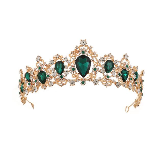 Baroque Vintage Green Royal Tiara Crowns Bride Blue Red Queen Crown Gold Bridal Headband Wedding Tiara For Women Hair Jewelry
