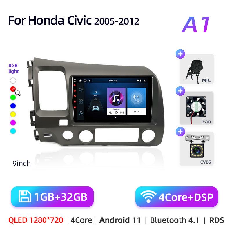 9" Android 12 Carplay автомобильный стерео радиоприемник для Honda Civic 8 2005 - 2012 мультимедийный плеер навигация GPS 2 Din 4G аудио DVD