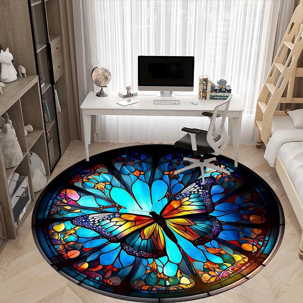 1PC Butterfly StainedGlass Office Round Area Rug, Mat Suitable ForOffice, Under Office Chairs Bedroom Living Room Home Decor, Room Deco