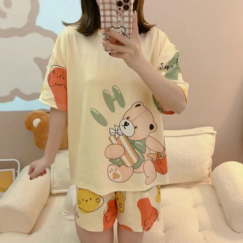 2pcs/Set Women's Pajamas Summer Short-Sleeved Shorts Student Home Wear Can Be Worn Outside Cartoon Letters Bear Pullover Top