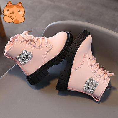 Детские модные ботинки, ботильоны для маленьких девочек со стразами и рисунком кота, нескользящие детские ботинки для верховой езды, повседневная обувь