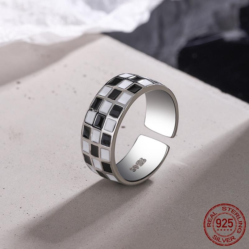 New Trend Cool Black White Grid Band Ring For Women Original 925 Silver Rings Brand Jewelry Gift