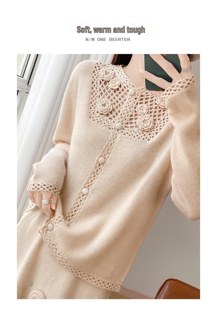 Autumn Style Heavy-Duty Crochet Knit Wool Cardigan: Women's Fashionable Hollow-Out Sweater Coat, Solid Color.