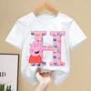 Peppa Pigs T-shirt for Children Cartoon Letter A-Z Tee Top Kawaii Anime Round Collar Clothes Boys Girls White Clothing Kids Gift