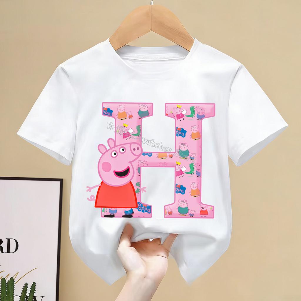 Peppa Pigs T-shirt for Children Cartoon Letter A-Z Tee Top Kawaii Anime Round Collar Clothes Boys Girls White Clothing Kids Gift