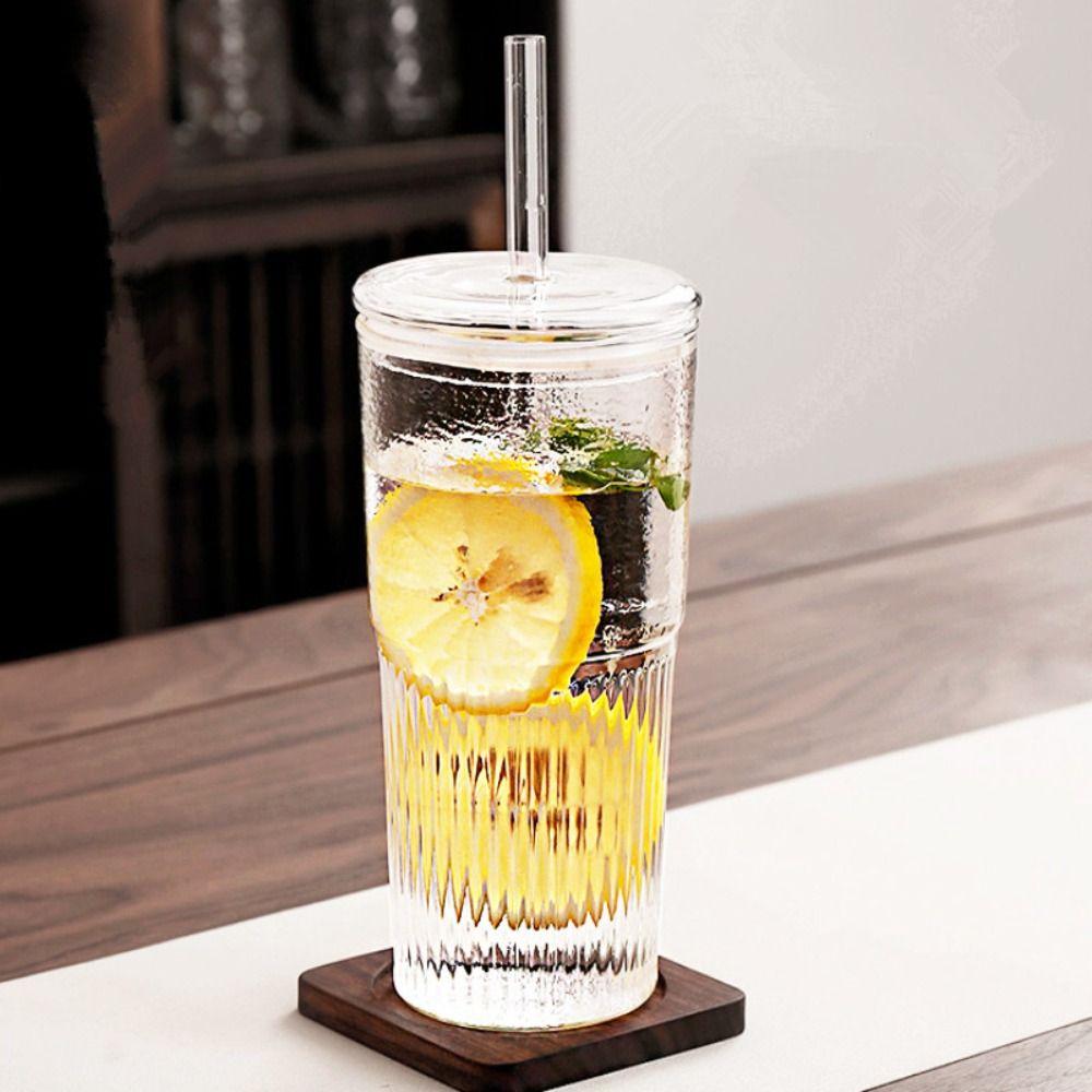 With Lid Glass Cup Transparent Cold Drink Cup 500/600ML Straw Cup School