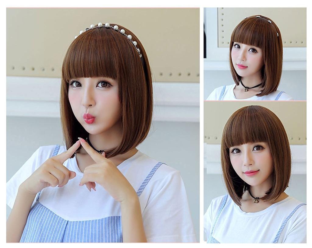 LESUN Full Straight Diagonal Smooth Small Face Loose and Small Heat False Net Included Wig, Wig, Bob, Bangs, Semi-Short, Straight, Fluffy, Effect,