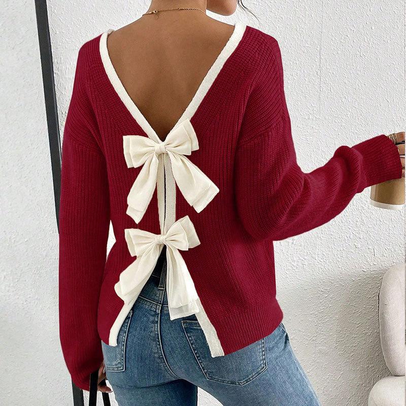 Women's Round Neck Long Sleeve Knit Sweater Loose Fit Casual Pullover with Back Bow