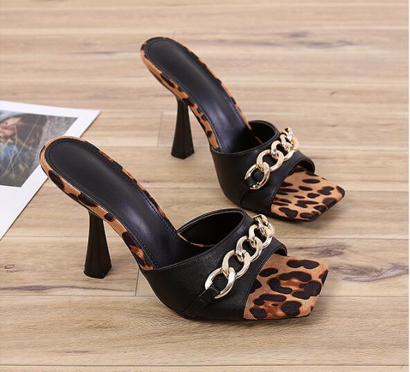 Новые летние женские тапочки с леопардовым принтом, модные туфли с открытым носком и высоким каблуком, босоножки на каблуке, туфли-лодочки st76