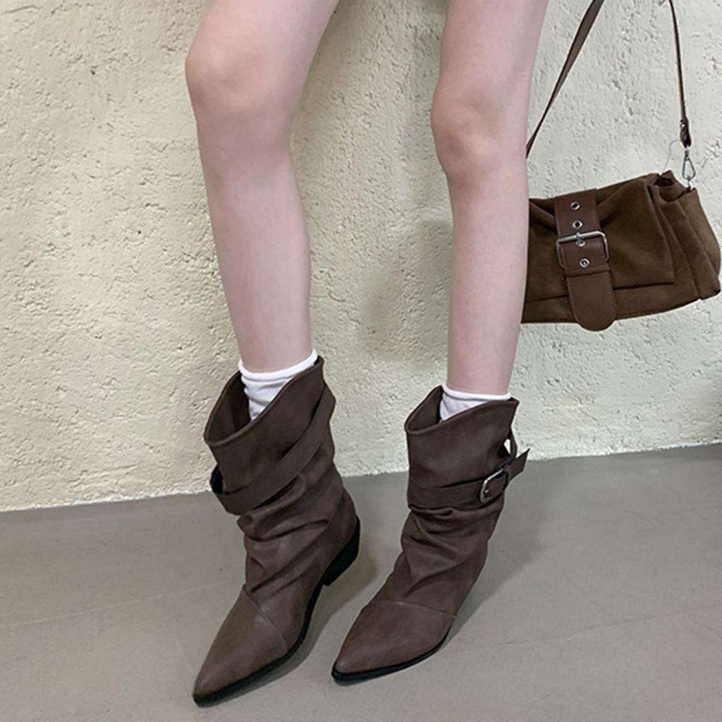 Coarse heel short boots women's new autumn and winter women's boots Martin boots pleated pile western boots pointed short boots women