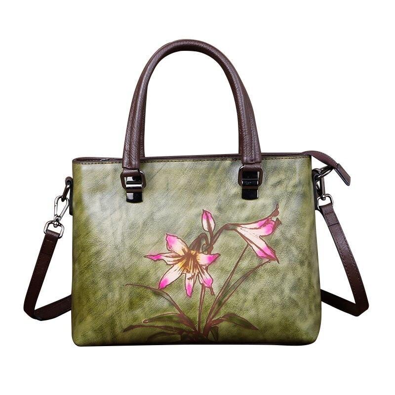 Johnature Retro Woman's Handbag Hand Painted Genuine Leather Women Shoulder Bags Leisure Floral Cowhide Messenger Bag